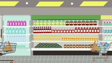 Hipermarkette yürüyen insanların çizgi film animasyonları, gıda ürünleri