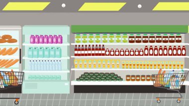 Hipermarkette yürüyen insanların çizgi film animasyonları, gıda ürünleri