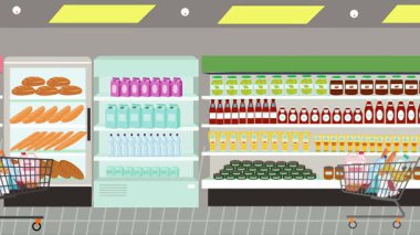 Hipermarkette yürüyen insanların çizgi film animasyonları, gıda ürünleri