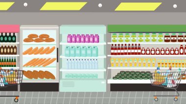 Hipermarkette yürüyen insanların çizgi film animasyonları, gıda ürünleri