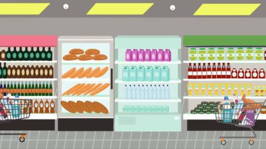 Hipermarkette yürüyen insanların çizgi film animasyonları, gıda ürünleri