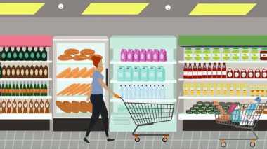 Hipermarkette yürüyen insanların çizgi film animasyonları, gıda ürünleri