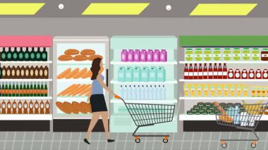 Hipermarkette yürüyen insanların çizgi film animasyonları, gıda ürünleri