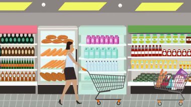 Hipermarkette yürüyen insanların çizgi film animasyonları, gıda ürünleri