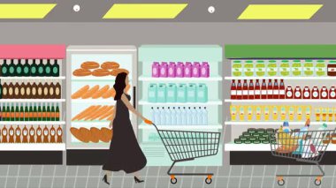 Hipermarkette yürüyen insanların çizgi film animasyonları, gıda ürünleri