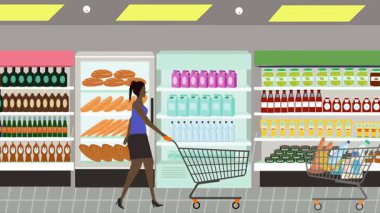 Hipermarkette yürüyen insanların çizgi film animasyonları, gıda ürünleri