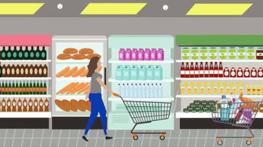 Hipermarkette yürüyen insanların çizgi film animasyonları, gıda ürünleri