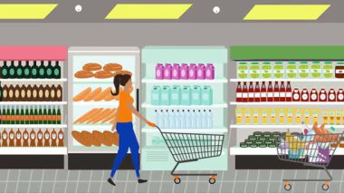 Hipermarkette yürüyen insanların çizgi film animasyonları, gıda ürünleri