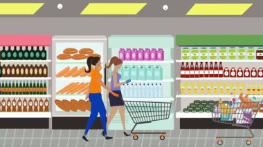 Hipermarkette yürüyen insanların çizgi film animasyonları, gıda ürünleri