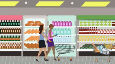 Hipermarkette yürüyen insanların çizgi film animasyonları, gıda ürünleri