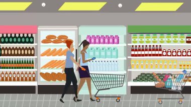 Hipermarkette yürüyen insanların çizgi film animasyonları, gıda ürünleri