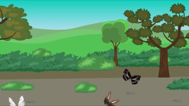 Doğa arka planında uçan kelebek grubu. Tarlalarda animasyon, vahşi yaşam çizgi filmi.