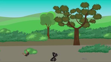 Doğa arka planında uçan kelebek grubu. Tarlalarda animasyon, vahşi yaşam çizgi filmi.