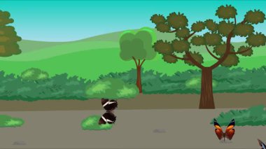 Doğa arka planında uçan kelebek grubu. Tarlalarda animasyon, vahşi yaşam çizgi filmi.