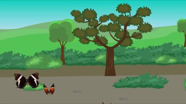 Doğa arka planında uçan kelebek grubu. Tarlalarda animasyon, vahşi yaşam çizgi filmi.