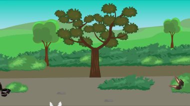 Doğa arka planında uçan kelebek grubu. Tarlalarda animasyon, vahşi yaşam çizgi filmi.