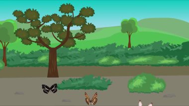 Doğa arka planında uçan kelebek grubu. Tarlalarda animasyon, vahşi yaşam çizgi filmi.