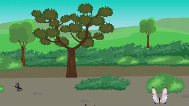 Doğa arka planında uçan kelebek grubu. Tarlalarda animasyon, vahşi yaşam çizgi filmi.