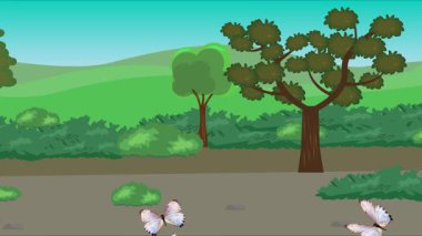Doğa arka planında uçan kelebek grubu. Tarlalarda animasyon, vahşi yaşam çizgi filmi.