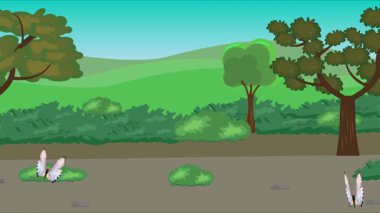 Doğa arka planında uçan kelebek grubu. Tarlalarda animasyon, vahşi yaşam çizgi filmi.