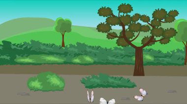 Doğa arka planında uçan kelebek grubu. Tarlalarda animasyon, vahşi yaşam çizgi filmi.