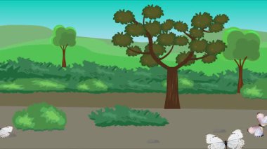 Doğa arka planında uçan kelebek grubu. Tarlalarda animasyon, vahşi yaşam çizgi filmi.