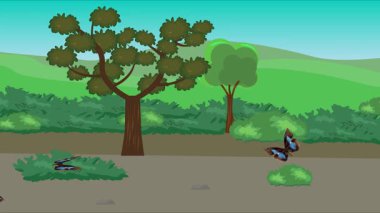 Doğa arka planında uçan kelebek grubu. Tarlalarda animasyon, vahşi yaşam çizgi filmi.