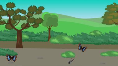 Doğa arka planında uçan kelebek grubu. Tarlalarda animasyon, vahşi yaşam çizgi filmi.