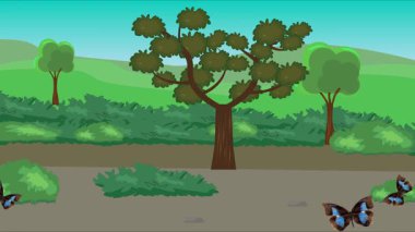 Doğa arka planında uçan kelebek grubu. Tarlalarda animasyon, vahşi yaşam çizgi filmi.