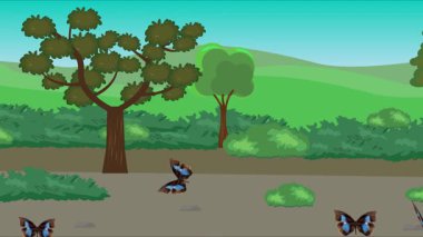 Doğa arka planında uçan kelebek grubu. Tarlalarda animasyon, vahşi yaşam çizgi filmi.