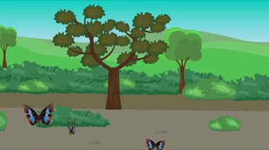 Doğa arka planında uçan kelebek grubu. Tarlalarda animasyon, vahşi yaşam çizgi filmi.