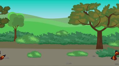 Doğa arka planında uçan kelebek grubu. Tarlalarda animasyon, vahşi yaşam çizgi filmi.