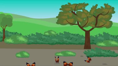 Doğa arka planında uçan kelebek grubu. Tarlalarda animasyon, vahşi yaşam çizgi filmi.