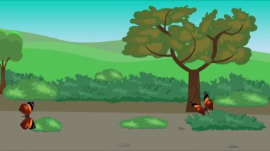 Doğa arka planında uçan kelebek grubu. Tarlalarda animasyon, vahşi yaşam çizgi filmi.