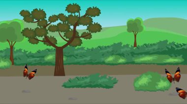 Doğa arka planında uçan kelebek grubu. Tarlalarda animasyon, vahşi yaşam çizgi filmi.