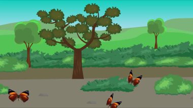 Doğa arka planında uçan kelebek grubu. Tarlalarda animasyon, vahşi yaşam çizgi filmi.