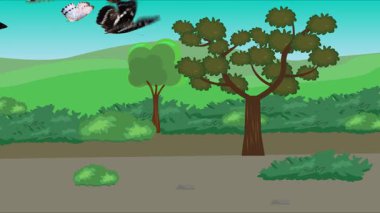 Doğa arka planında uçan kelebek grubu. Tarlalarda animasyon, vahşi yaşam çizgi filmi.