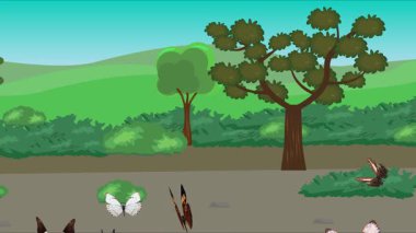 Doğa arka planında uçan kelebek grubu. Tarlalarda animasyon, vahşi yaşam çizgi filmi.