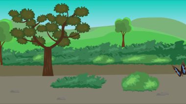 Doğa arka planında uçan kelebek grubu. Tarlalarda animasyon, vahşi yaşam çizgi filmi.