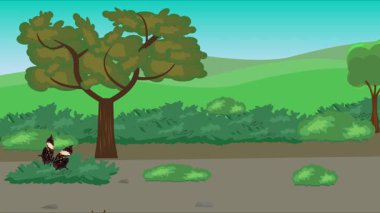 Doğa arka planında uçan kelebek grubu. Tarlalarda animasyon, vahşi yaşam çizgi filmi.