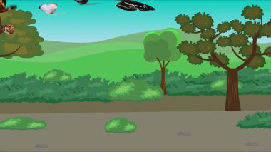 Doğa arka planında uçan kelebek grubu. Tarlalarda animasyon, vahşi yaşam çizgi filmi.