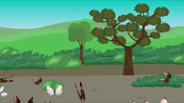 Doğa arka planında uçan kelebek grubu. Tarlalarda animasyon, vahşi yaşam çizgi filmi.