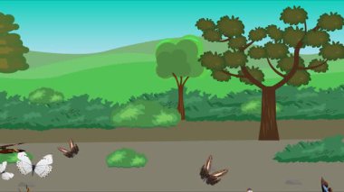 Doğa arka planında uçan kelebek grubu. Tarlalarda animasyon, vahşi yaşam çizgi filmi.