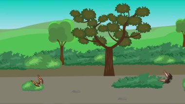 Doğa arka planında uçan kelebek grubu. Tarlalarda animasyon, vahşi yaşam çizgi filmi.