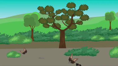 Doğa arka planında uçan kelebek grubu. Tarlalarda animasyon, vahşi yaşam çizgi filmi.