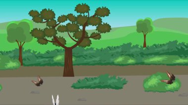 Doğa arka planında uçan kelebek grubu. Tarlalarda animasyon, vahşi yaşam çizgi filmi.