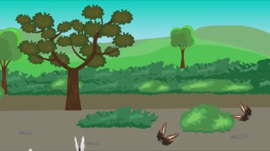 Doğa arka planında uçan kelebek grubu. Tarlalarda animasyon, vahşi yaşam çizgi filmi.