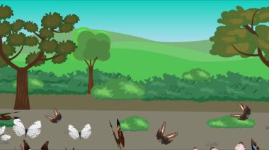 Doğa arka planında uçan kelebek grubu. Tarlalarda animasyon, vahşi yaşam çizgi filmi.