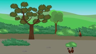 Doğa arka planında uçan kelebek grubu. Tarlalarda animasyon, vahşi yaşam çizgi filmi.