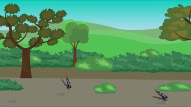 Doğa arka planında uçan kelebek grubu. Tarlalarda animasyon, vahşi yaşam çizgi filmi.